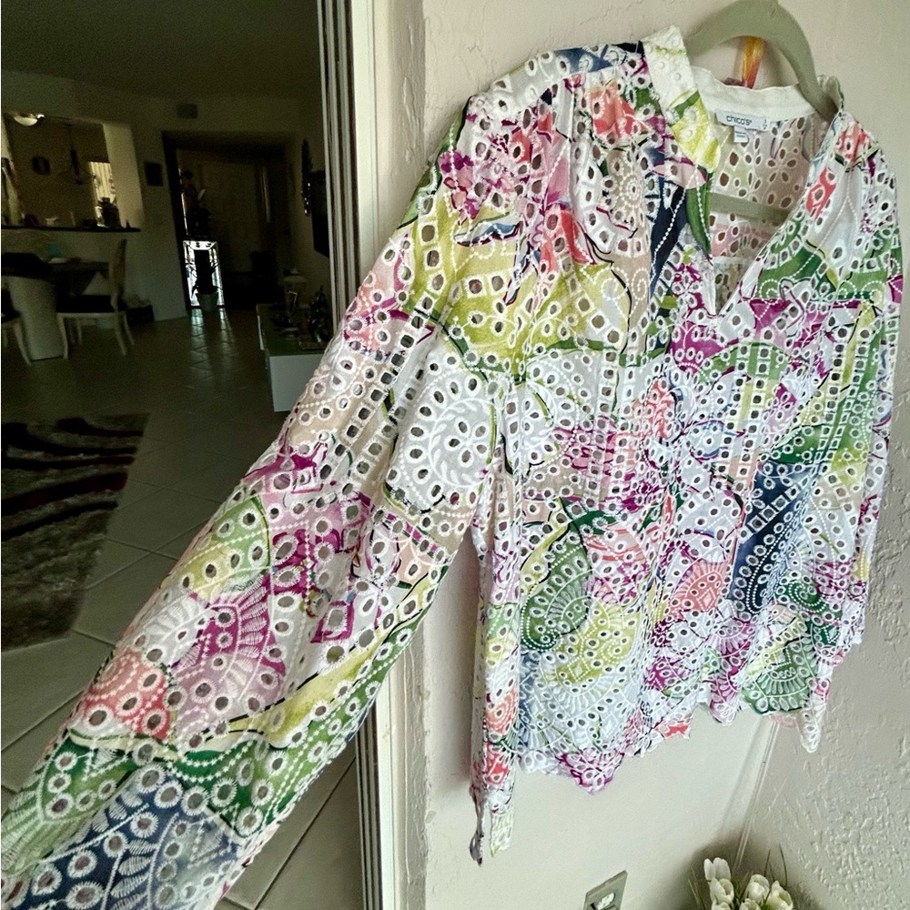 Chico's Multicolor Eyelet Lace Top New size 3 MSRP $119.